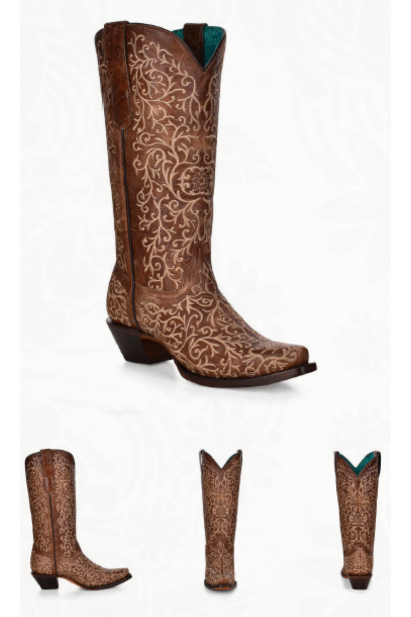 Corral Boots - A4149 Brown Full Floral Embroidery Cowboy Boots