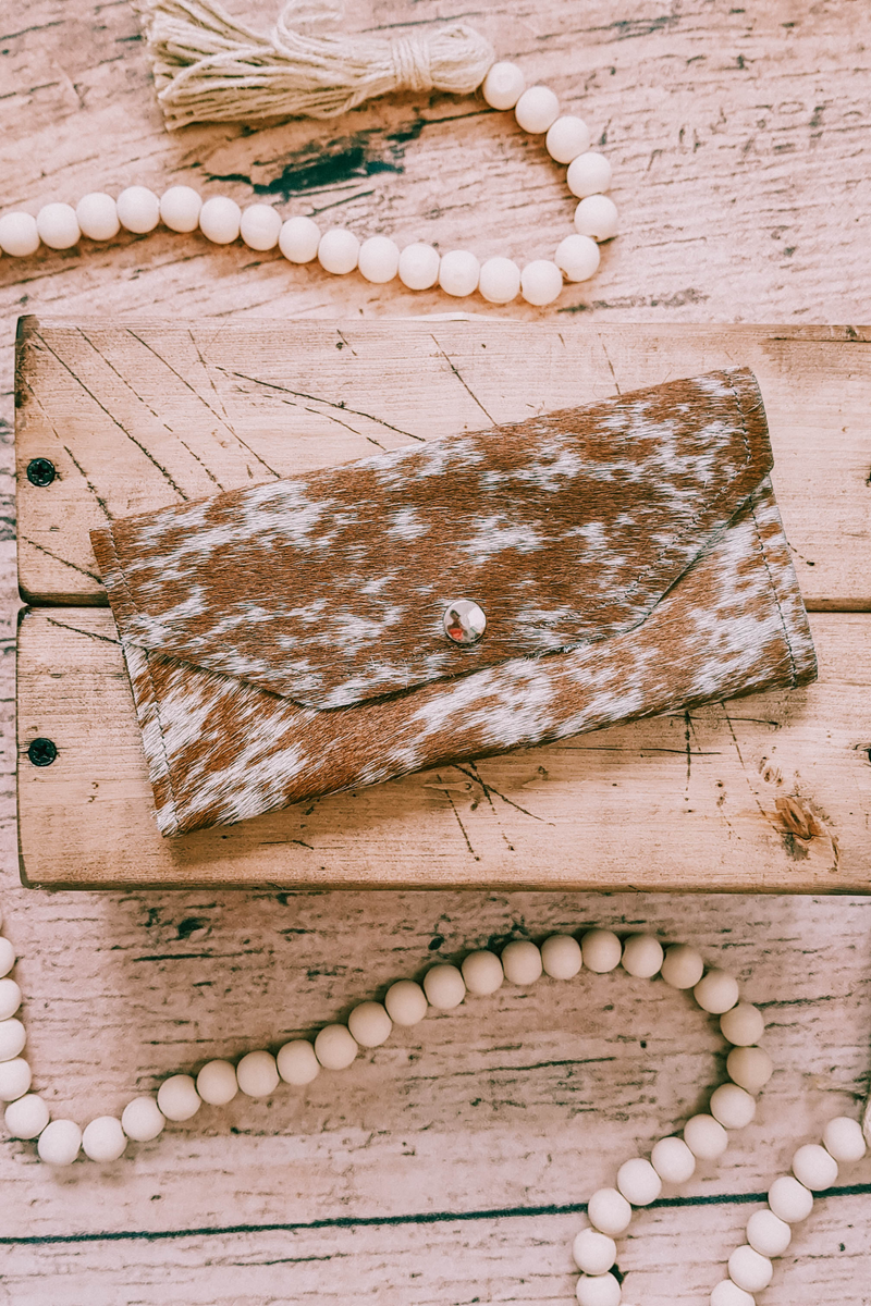 LARGE COWHIDE PURSE - BROWN & WHITE HAIR ON HIDE WALLET