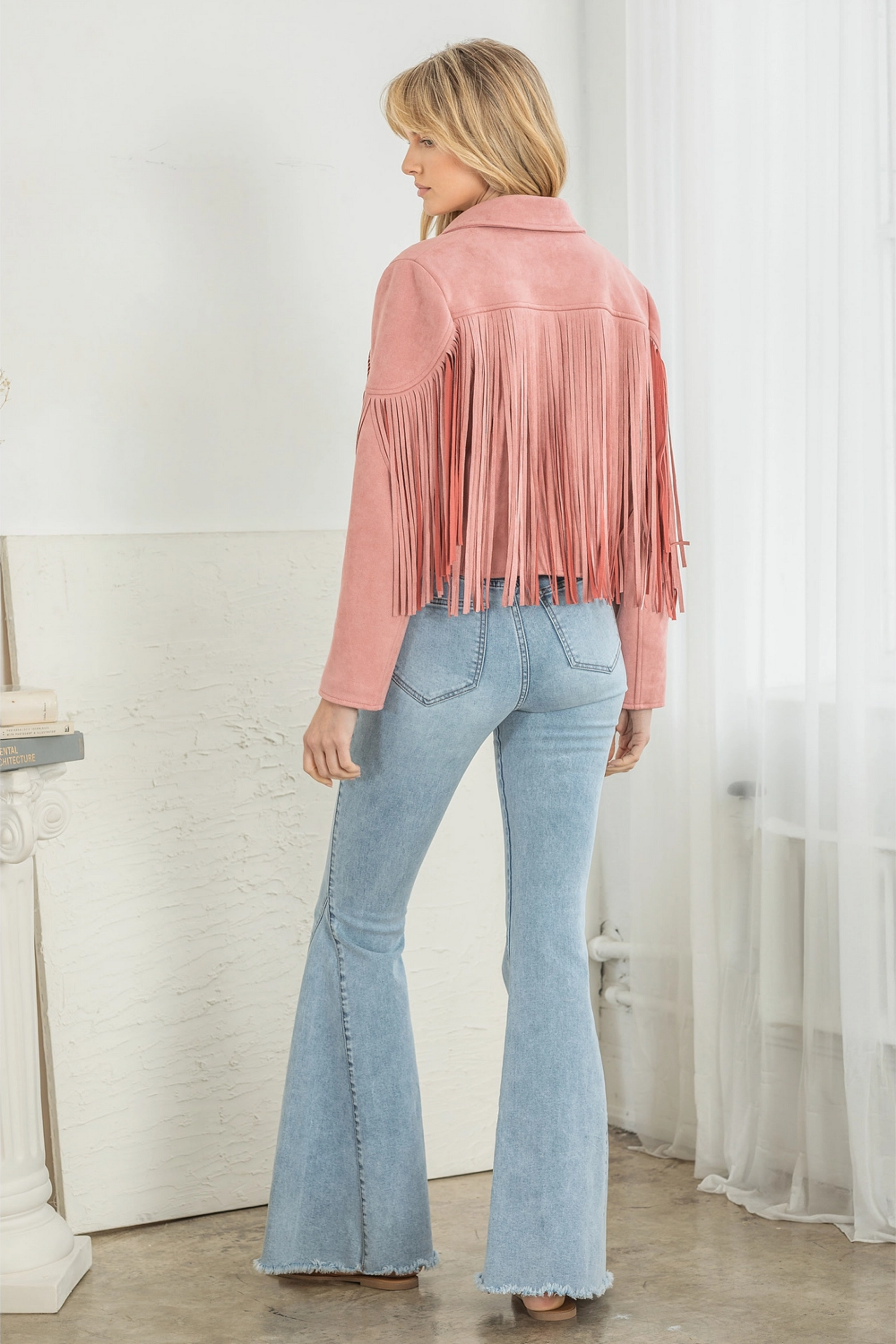 Faux Suede Fringe Jacket - Pink