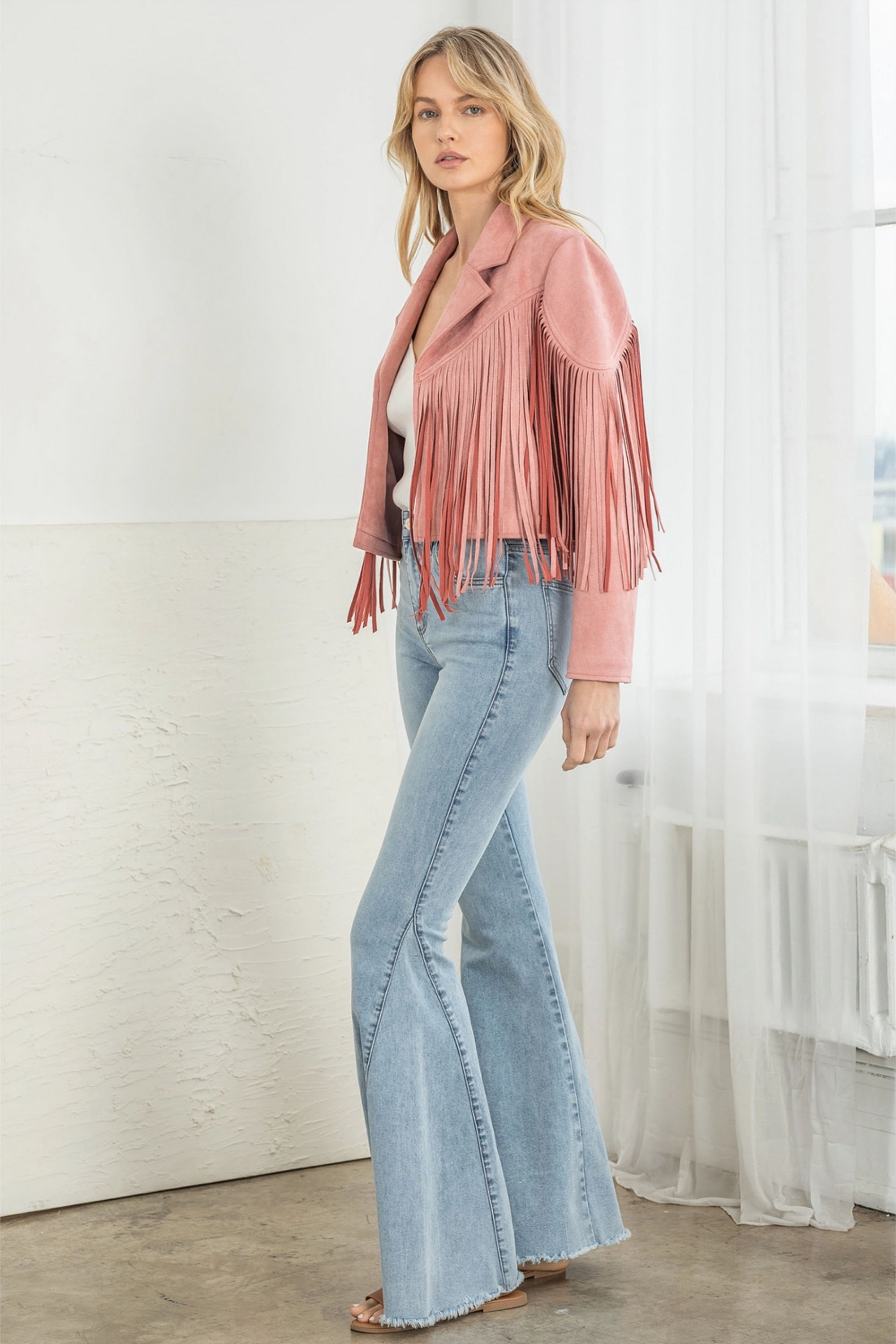 Faux Suede Fringe Jacket - Pink