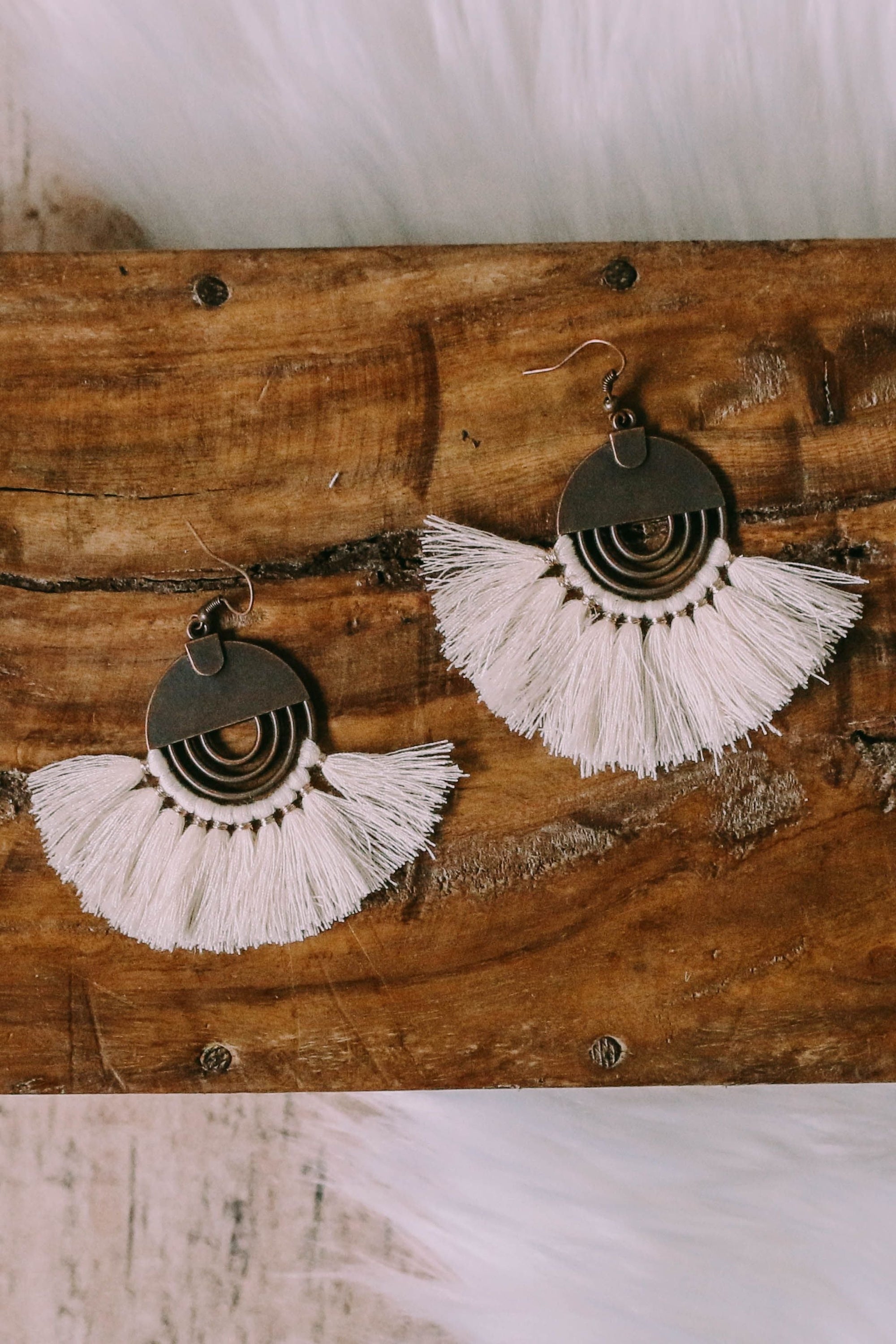 bohemian fan earrings white and bronze