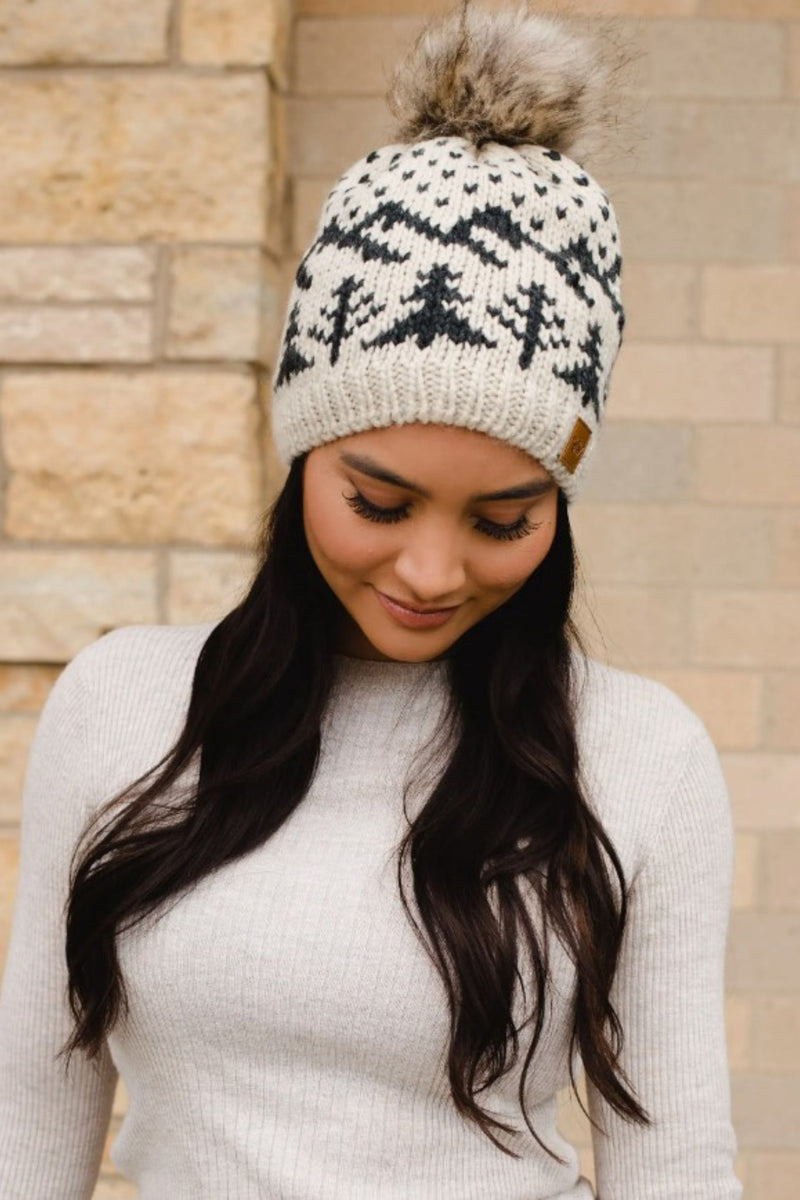 Beige & Charcoal Winter Pattern Bobble Hat