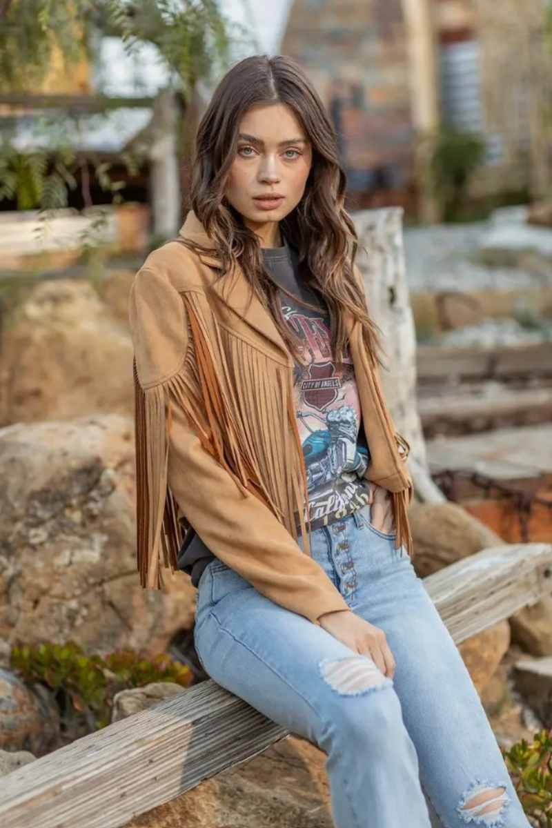 Faux Suede Fringe Jacket Tan Melbelle Western x Boho