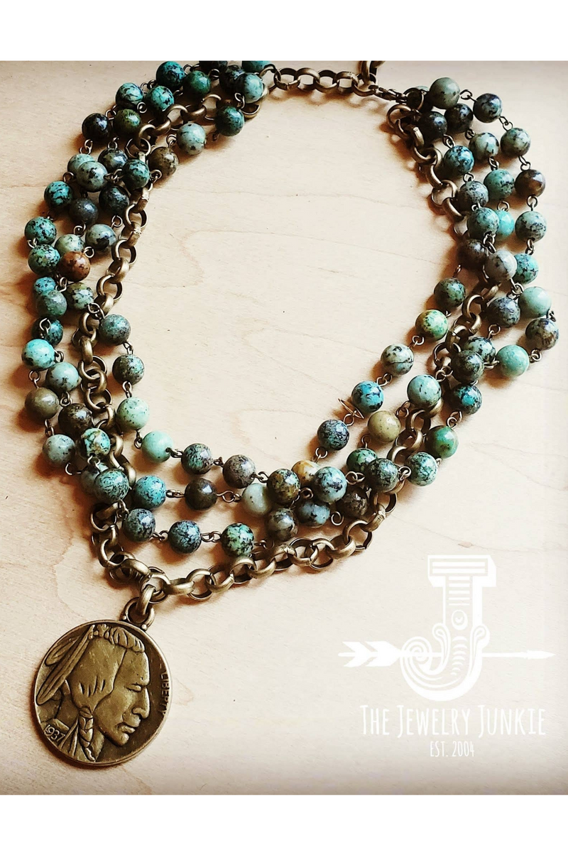 AFRICAN TURQUOISE COLLAR-LENGTH NECKLACE WITH NATIVE AMERICAN HEAD COIN