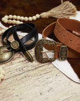 Faux Suede Antique Gold Western Belt - Tan